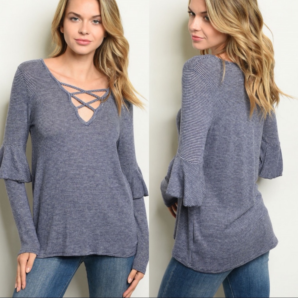 🆕Navy Stripes V Neck Long Sleeve Top